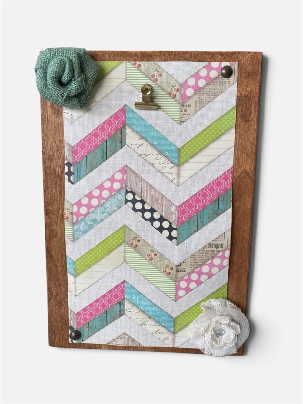 Wood Frame, Colorful Chevron Background holds 5x7"